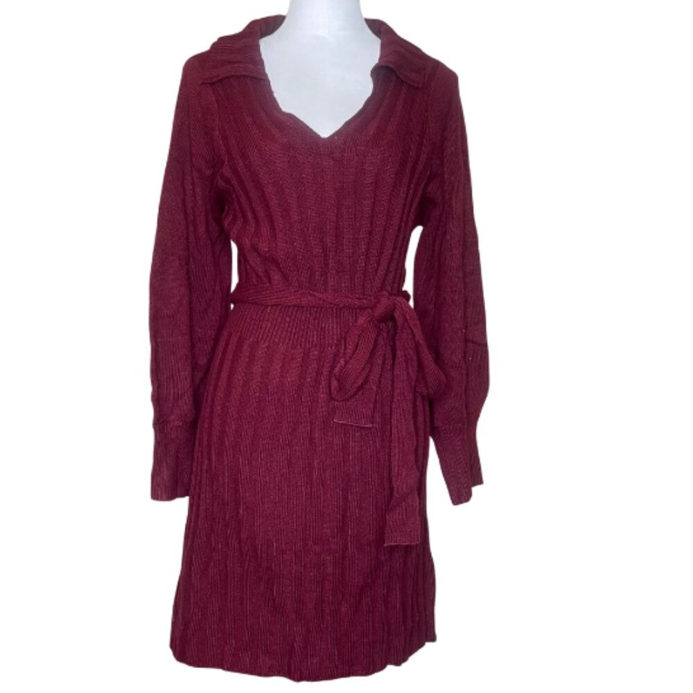 Grace Karin Burgundy V Neck Cable Knit Belted Sweater Dress Long Sleeve XL NWT